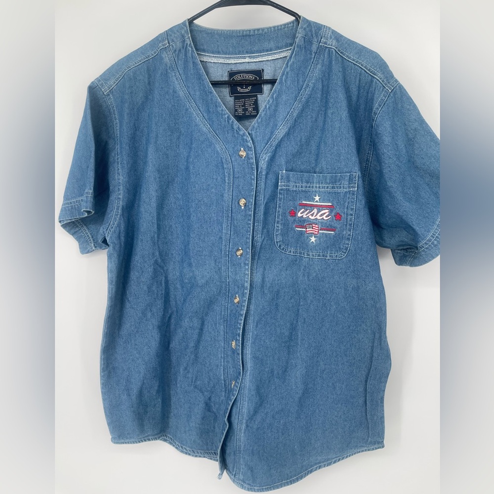 Solutions Original Denim Baseball Jersey Shirt USA Embroidery Blue Women Medium